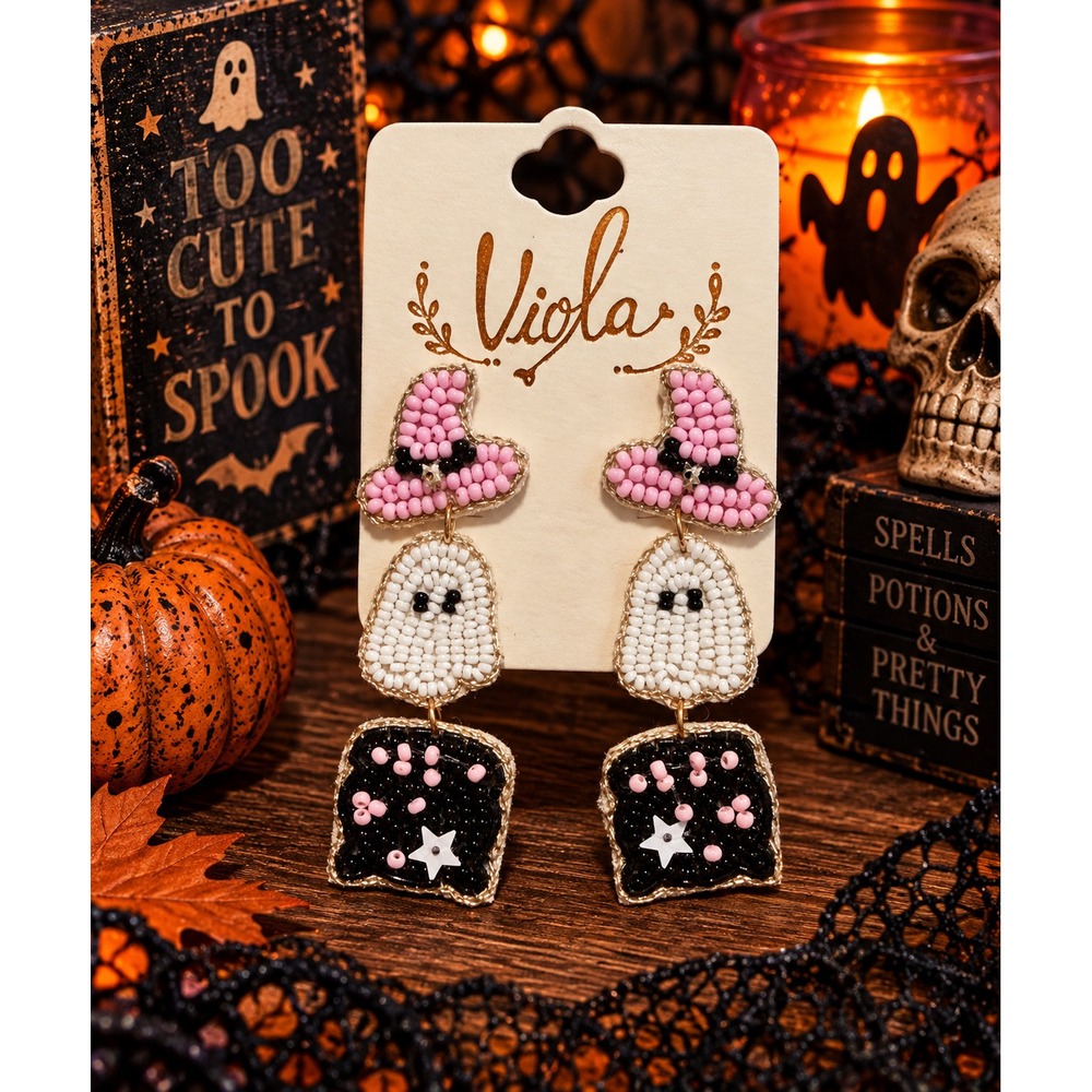 Pink Witch Hat Ghost Cauldron Earrings Halloween Seed Bead Dangle Earrings